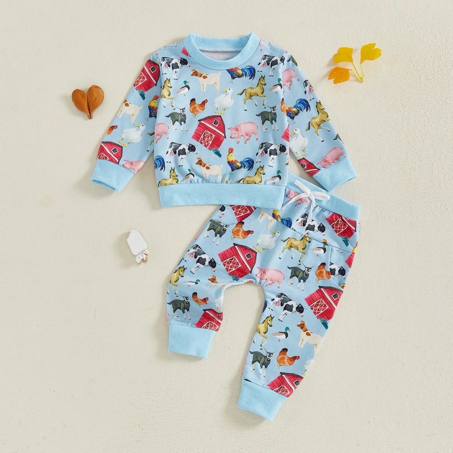 Baby Toddler Boys 2Pcs Fall Outfit Farm Animal/Tractor Print Long Sleeve Top and Elastic Pants 2Piece Clothes Jogger Set