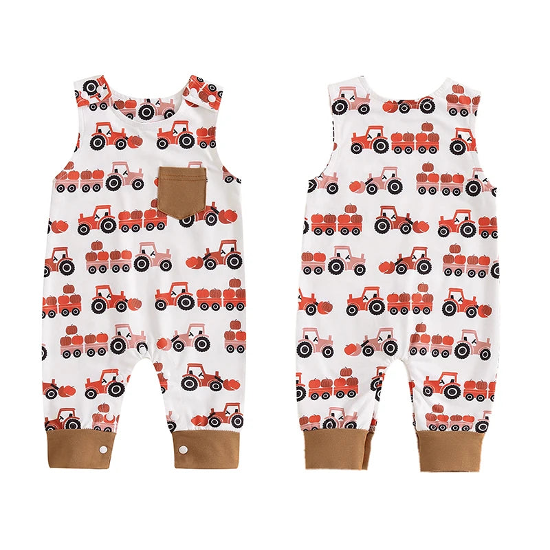 Baby Boys Jumpsuit Sleeveless Crew Neck Pocket Pumpkin Tractor Print Romper Halloween Jumpsuit