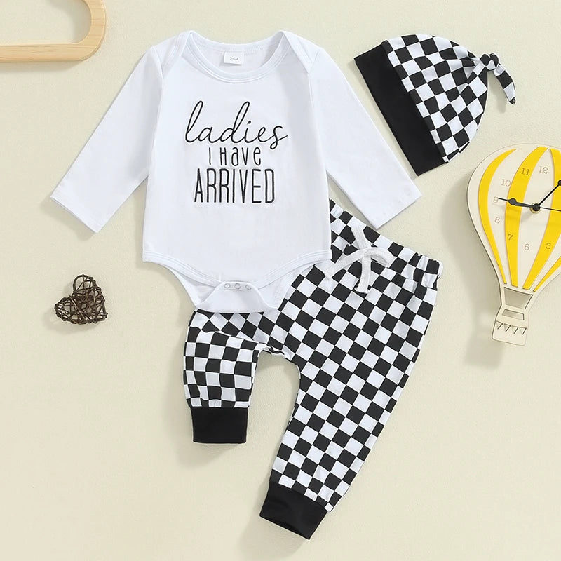 Baby Boy 3Pcs Fall Outfit New To The Crew / Hi I'm New Here / Ladies I Have Arrived Letter Print Long Sleeve Romper and Elastic Checker Pants Beanie Hat Set