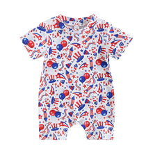 Load image into Gallery viewer, Kid Girl Boy Romper Ribbed Summer Short Sleeve Round Neck Bull / Plaid / Balloon / Fireworks Print Jumpsuit
