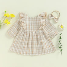 Load image into Gallery viewer, Toddler Kids Girls 2Pcs Dress Square Neck Ruffles Plaid Buttons Long Sleeve Casual Fall Princess Dress with Headband Set
