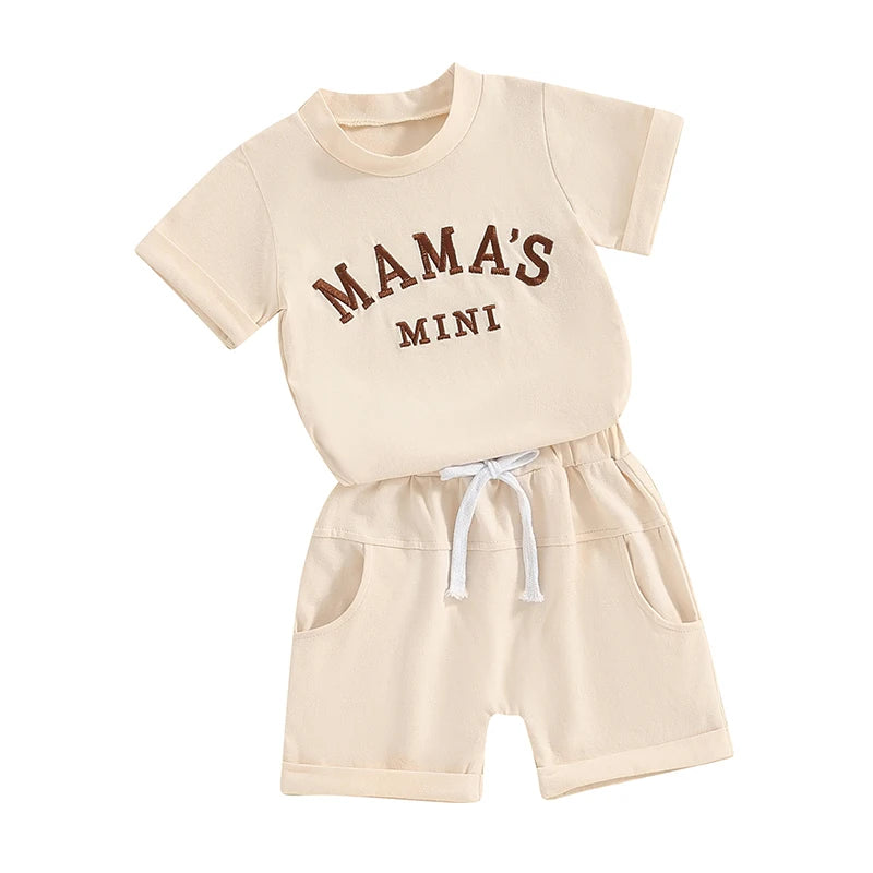 Toddler Baby Girl Boy 2Pcs Mama's Mini Outfits Letter Embroidery Short Sleeve Top and Elastic Shorts Set Summer Clothes