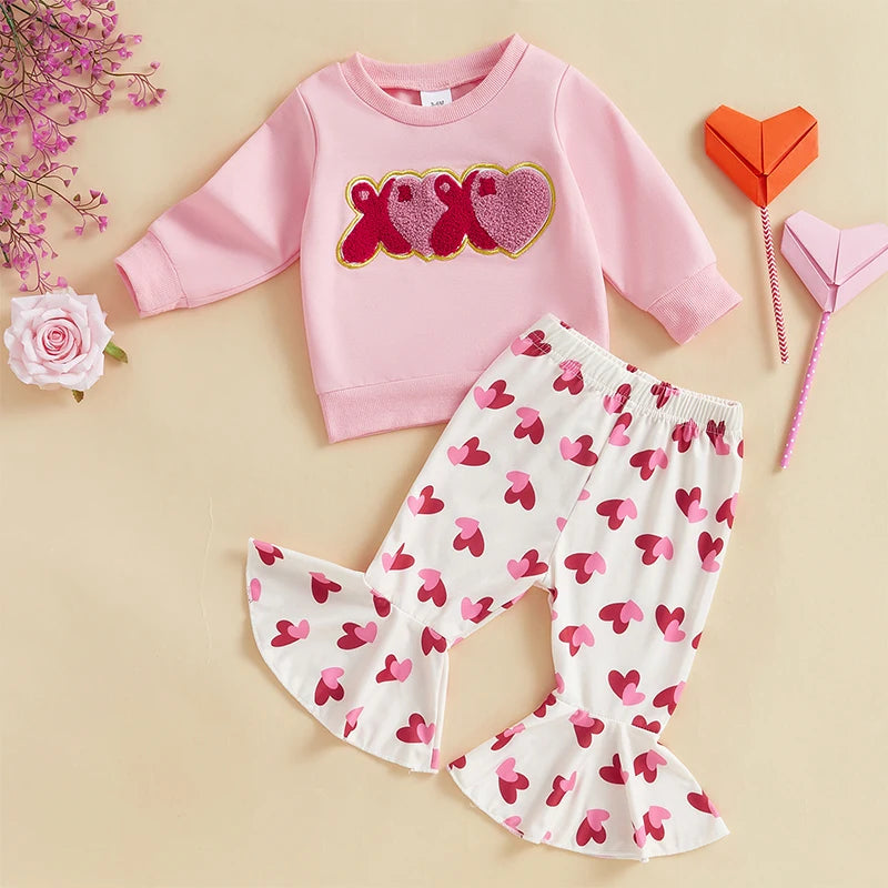 Baby Toddler Girls 2Pcs Valentine's Day Set XOXO Heart Letter Embroidered Long Sleeve Crewneck Top Heart Print Flare Pants Outfit