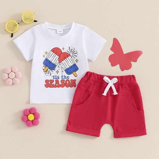 Toddler Baby Boys Girls 2Pcs 4th of July Short Sleeve Tis The Season Letter Popsicle Print Top Shorts Set