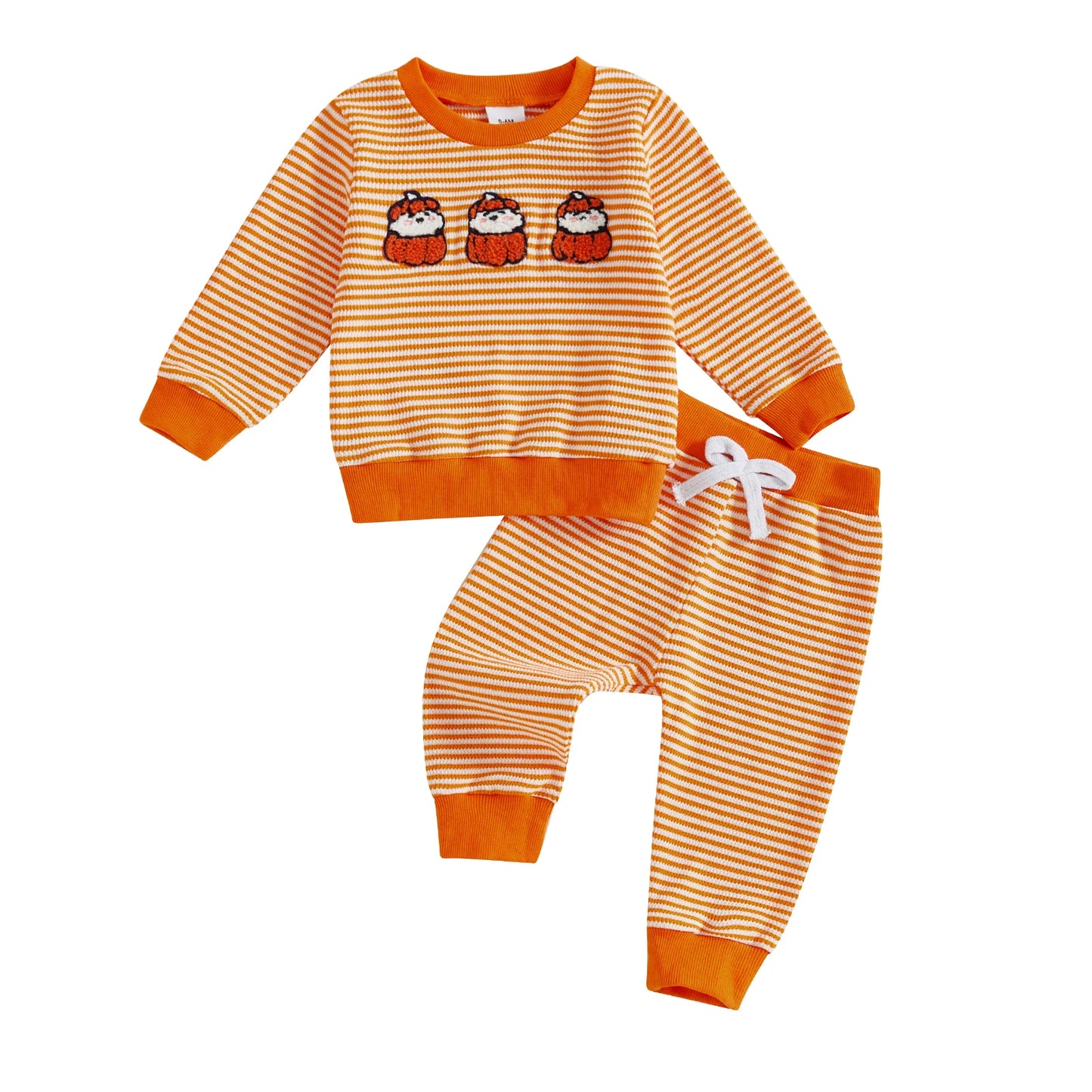 Baby Toddler Girls Boys 2Pcs Striped Set Halloween Ghost Embroidery Long Sleeve Pullover Top with Jogger Pants Fall Outfit
