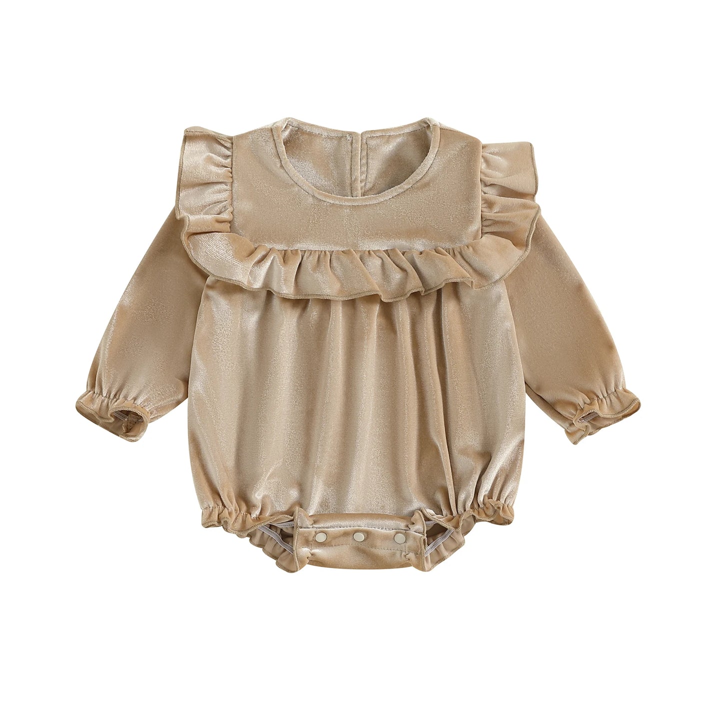 Baby Girls Velvet Romper Solid Color Ruffled Round Neck Long Sleeve Bubble Jumpsuit