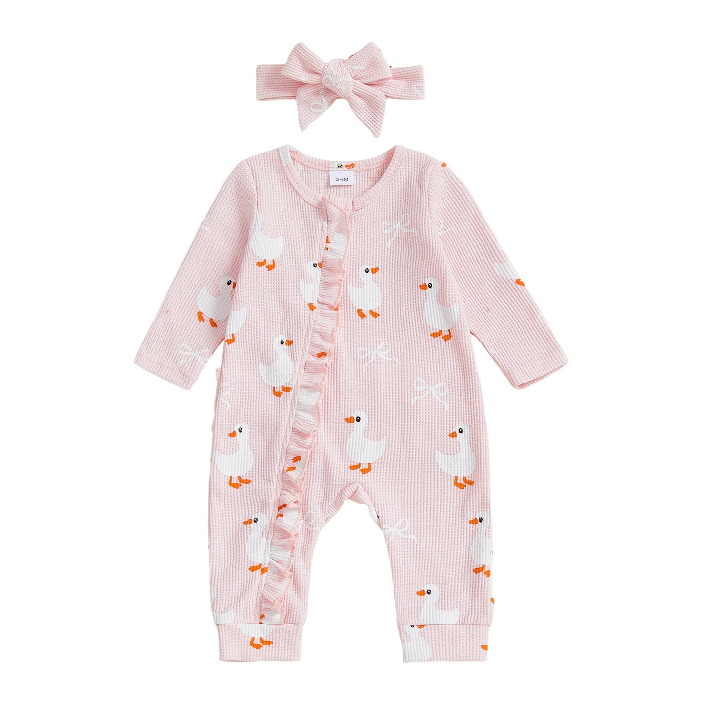 Baby Girls 2Pcs Fall Waffled Zipper Romper Bow Goose Animal Print Long Sleeve Round Neck Zip Up Jumpsuit with Headband Set