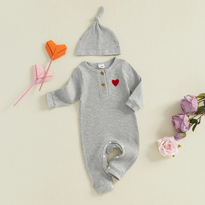 Baby Boys Girls 2Pcs Valentine's Day Heart Print Long Sleeve Ribbed Romper Hat Valentines Outfit Set