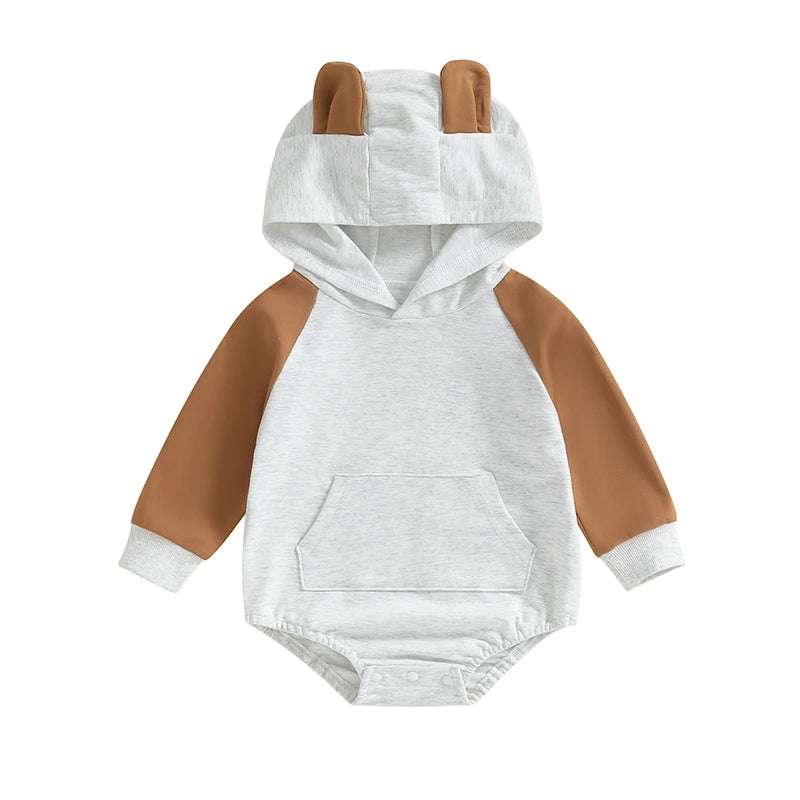 Baby Boys Girls Hooded Ears Bubble Romper Casual Contrast Color Long Sleeve Jumpsuit Wit Pocket