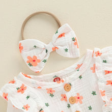 Load image into Gallery viewer, Baby Girl 2Pcs Outfit, Long Sleeve Crew Neck Floral Flowers Romper with Hairband Bow Set
