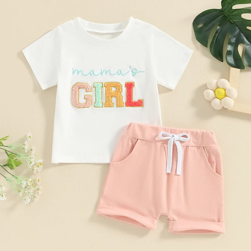 Baby Toddler Girl 2Pcs Mama's Girl Letter Embroidery Short Sleeve Round Neck Top with Solid Color Shorts Set