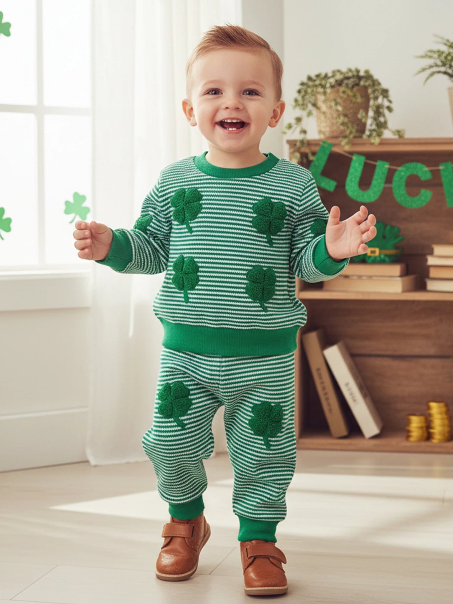 Baby Toddler Boy 2Pcs Spring Outfit Four-Leaf Clover Embroidery Long Sleeve O-Neck Pullover + Elastic Waist Stripe Pants St. Patrick's Day Jogger Set