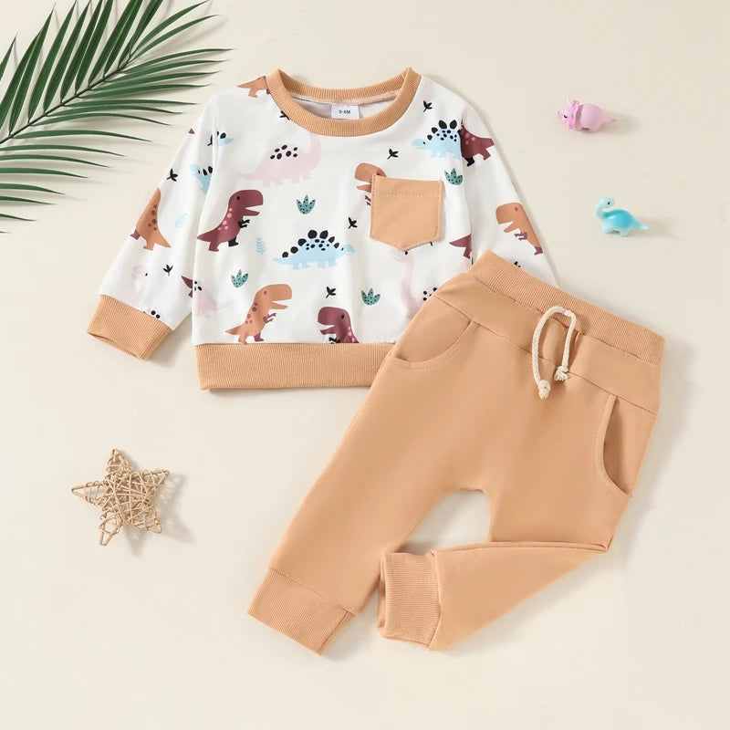 Baby Toddler Boys 2Pcs Fall Outfit Long Sleeve Dinosaur Print Top + Pants Set