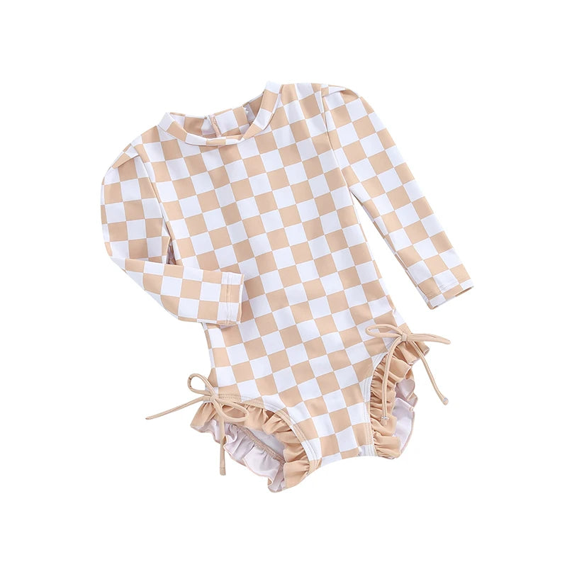 Baby Toddler Girls Beach Swimwear Long Sleeve Checkerboard Plaid Print Ruffle Romper Bathing Suit