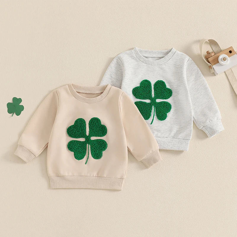 Baby Toddler Girl Boy St. Patrick's Day Casual Four Leaf Clover Shamrock Embroidery Long Sleeve Crewneck Top