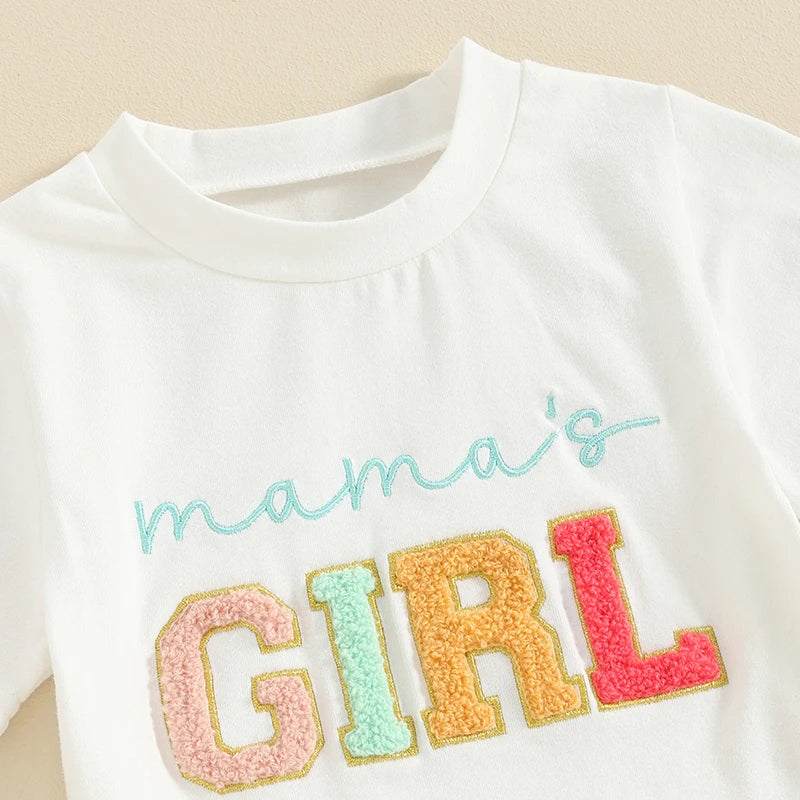 Baby Toddler Girl 2Pcs Mama's Girl Letter Embroidery Short Sleeve Round Neck Top with Solid Color Shorts Set