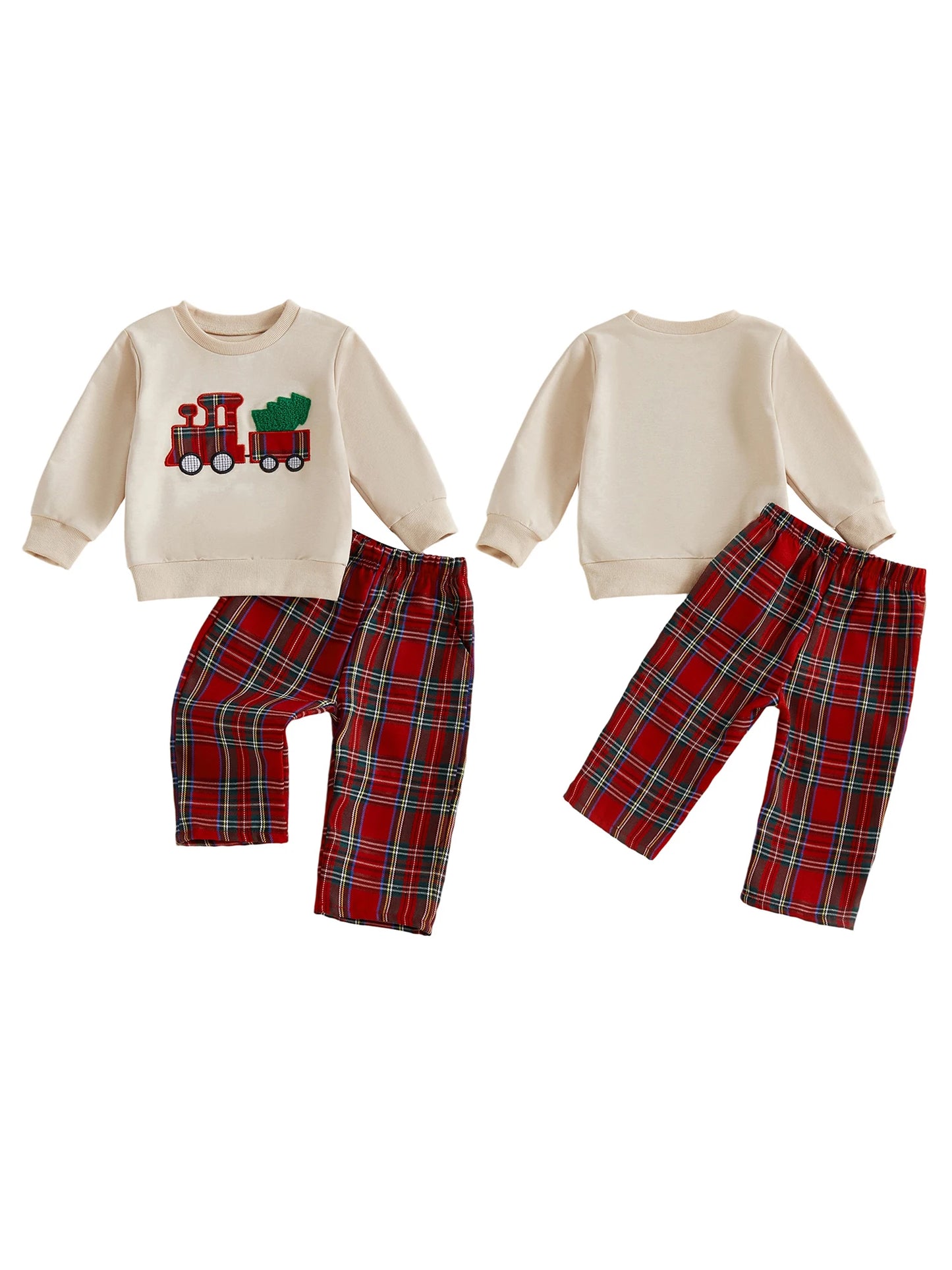 Baby Toddler Boys 2Pcs Christmas Outfits Long Sleeve Train Tree Embroidery Top + Plaid Pants Set Winter Clothes