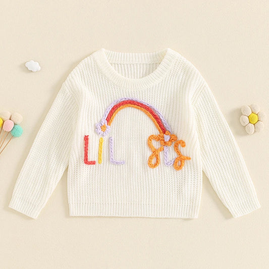 Baby Toddler Girls Lil Sis Fall Winter Sweater Rainbow Letter Embroidery Long Sleeve O-Neck Chunky Knitwear Pullover Top