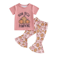Load image into Gallery viewer, Baby Toddler Girls 2 Pcs Halloween Sets Short Sleeve Letter Pumpkin Print Tops Flared Pants Sets
