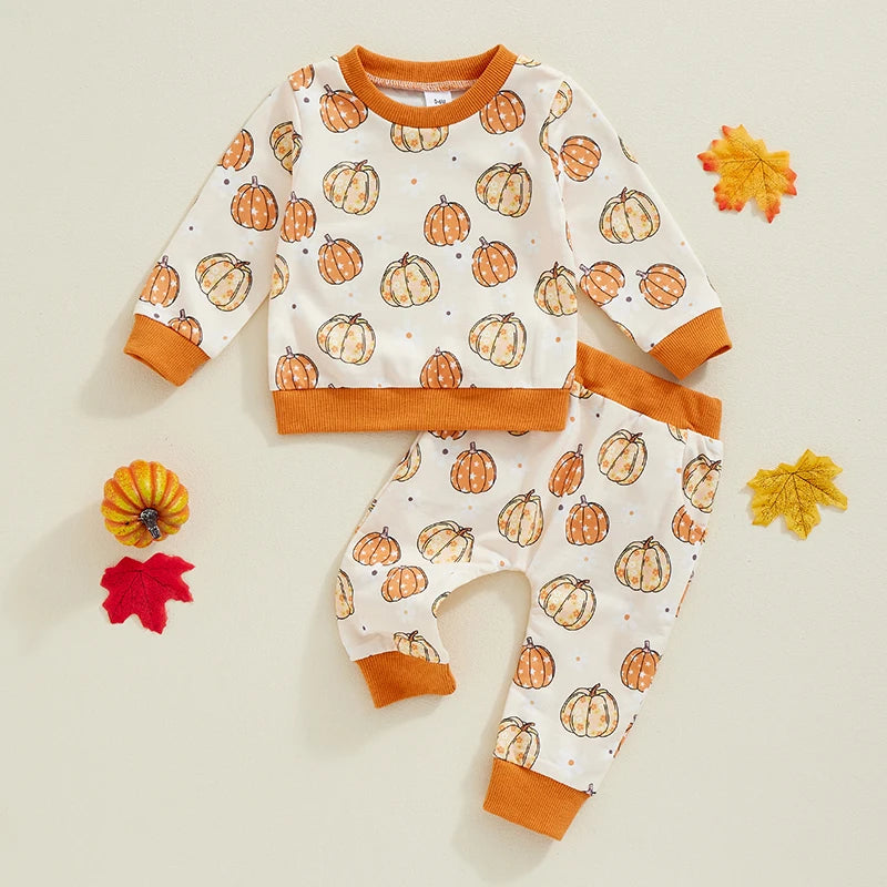 Baby Toddler Girls Boys 2Pcs Fall Set Pumpkin Print Long Sleeve Round Neck Top Long Pants Outfit