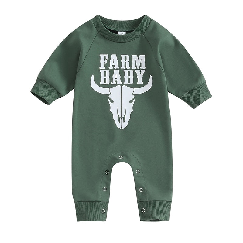 Baby Boy Girl Rompers Western Bull Head Letter Print Long Sleeve Jumpsuit Fall Clothes