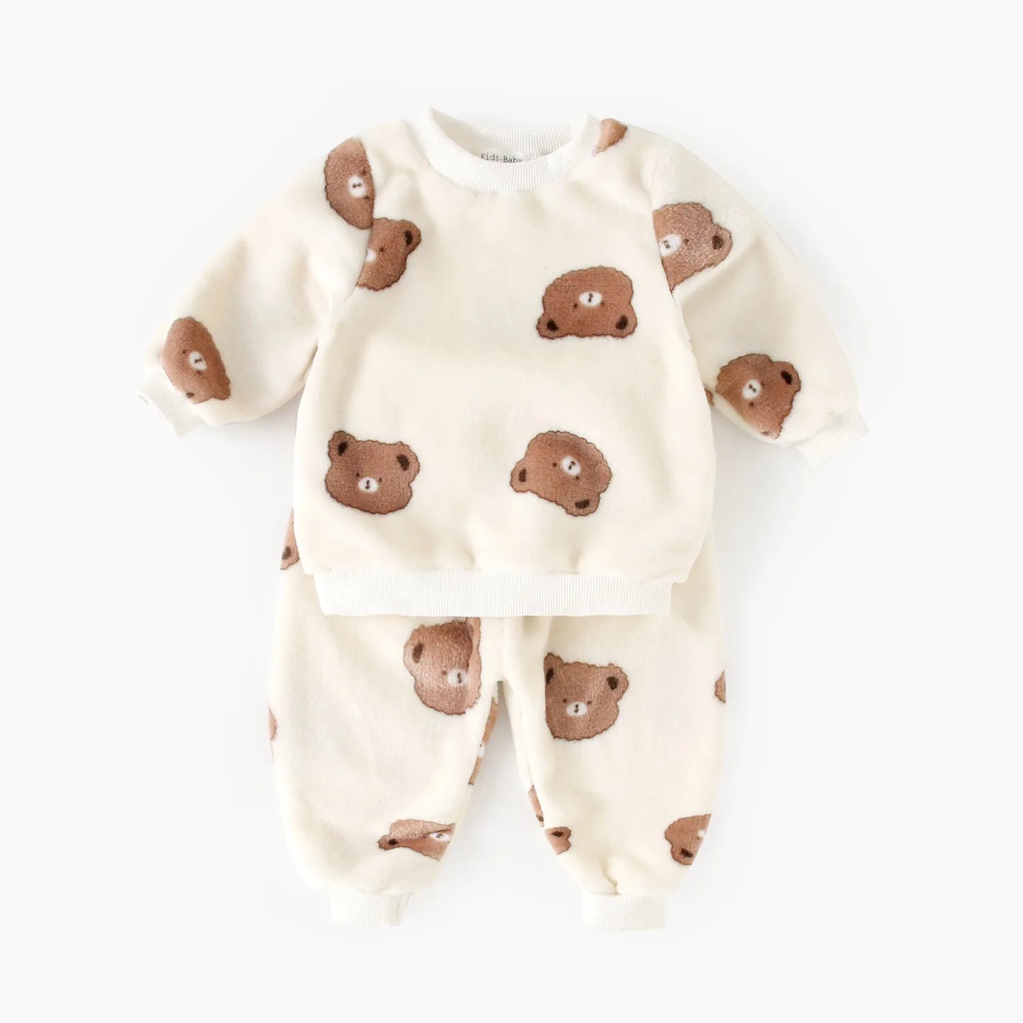 Baby Toddler Boy Girl 2Pcs Winter Clothes Set Thick Warm Pullover Top Pant Suit Bear Print Fleece Two Piece Jogger Set Outfit