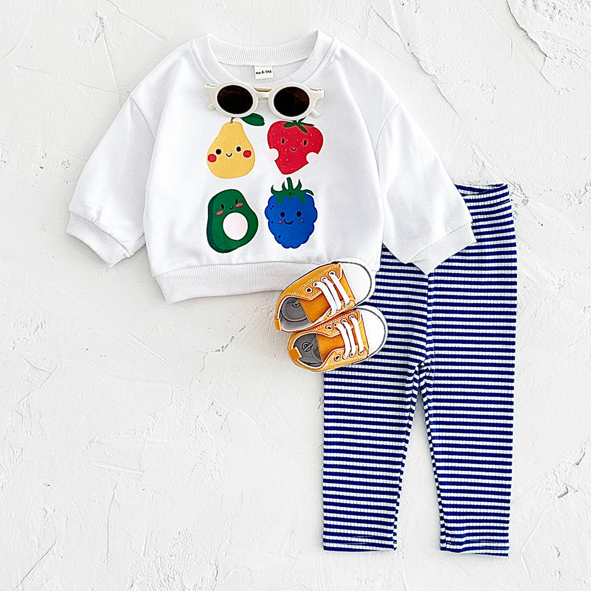 Baby Toddler Boys Girs 2Pcs Fruit Print Pullover Long Sleeve Top + Striped Pants Outfit Set