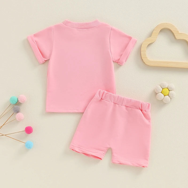 Baby Toddler Girls 2Pcs Beach Vibes Short Sleeve Embroidery Letters Top with Elastic Waist Shorts Summer Outfit Set