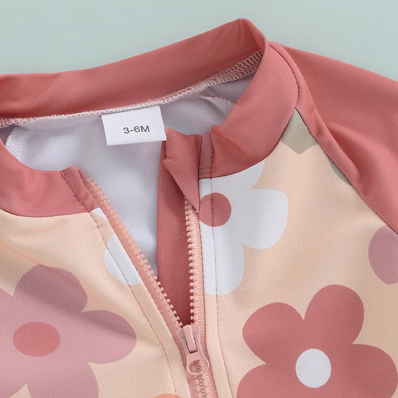 Baby Toddler Girls 2Pcs Summer Swimsuit Set Flower Bow Print Zip-up Rash Guard Long Sleeve Swim Top and Shorts Bathing Suit