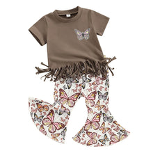 Load image into Gallery viewer, Toddler Kids Baby Girls 2Pcs Spring Summer Clothes Set Short Sleeve Tassel Hem T-shirt Butterfly Print Flared Pants Outfit
