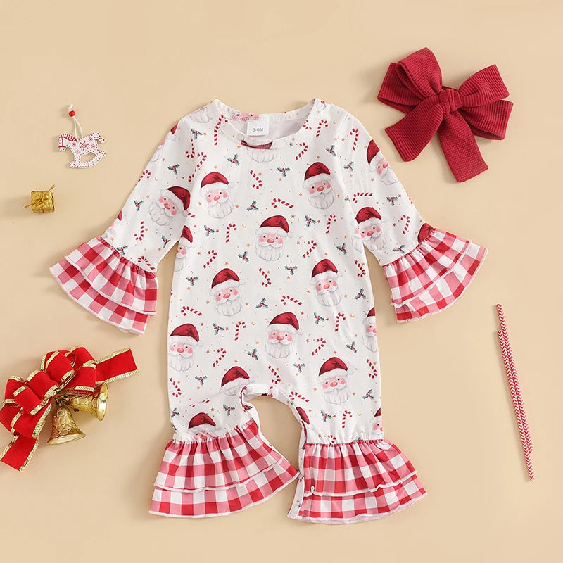 Baby Girls 2Pcs Romper Christmas Print Long Sleeve Jumpsuits Flare Sleeve and Pant and Cute Headband Set Infant Outfits