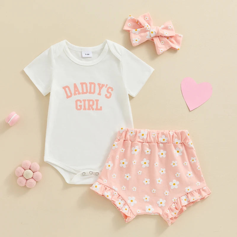 Baby Girl 3Pcs Daddy’s Girl Short Sleeve Romper Flower Ruffle Shorts Headband Outfit Set