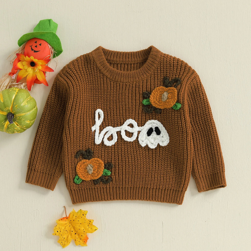 Baby Toddler Boys Girls Halloween Sweater Boo Letter Ghost Embroidery Long Sleeve Crew Neck Knitwear Pullover Top
