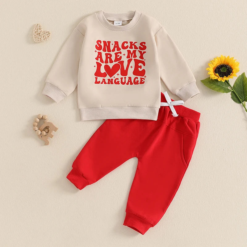 Baby Toddler Boys Girls 2Pcs Snacks Are My Love Language Valentine's Day Outfit Letter Print Long Sleeve Top and Elastic Pants Jogger Set Valentines