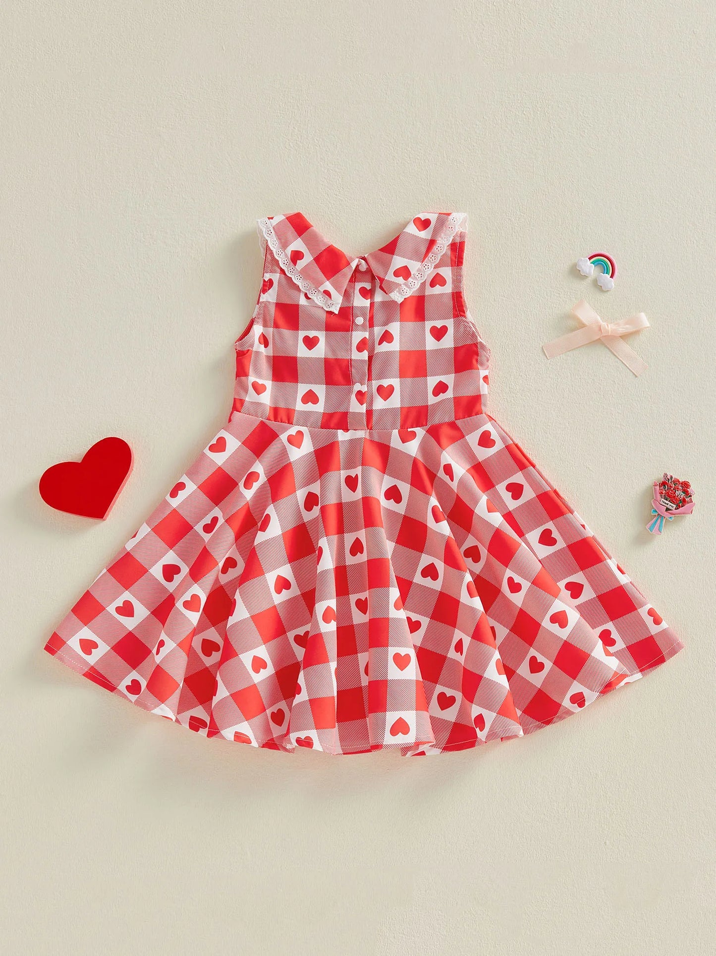 Baby Toddler Kids Girls Valentine's Day Dress Summer Sleeveless Lapel Plaid Heart Print Sweet A-Line Sundress