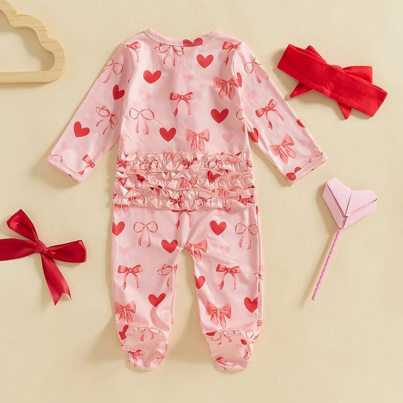 Baby Girls 2Pcs Valentine’s Day Outfit Long Sleeve Heart Bow Print Ruffle Jumpsuit Zipper Romper with Headband Set Valentines