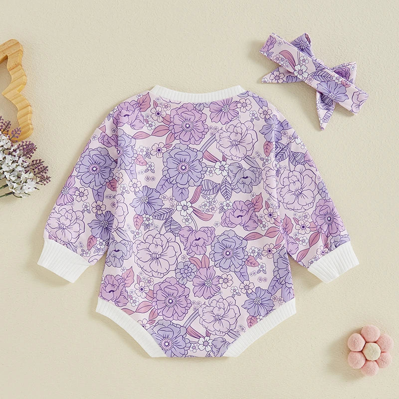 Baby Girls 2Pcs Autumn Casual Romper Long Sleeve O Neck Flower Print Romper with Headband Set