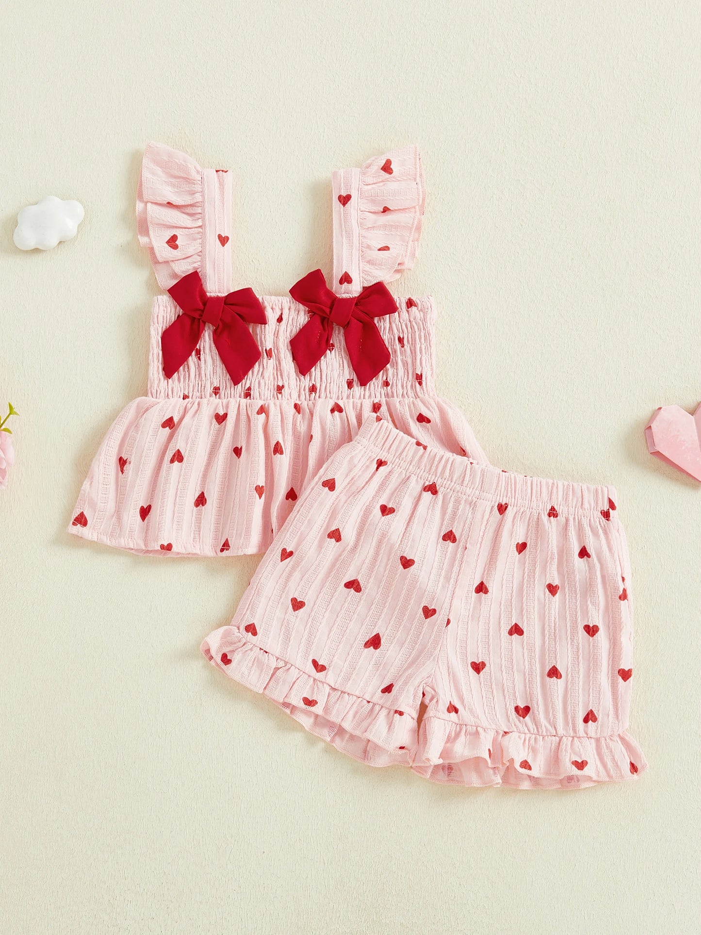 Baby Toddler Girls 2Pcs Valentine's Day Heart Print Ruffle Sleeve Tank Top and Shorts Set for a Sweet Holiday Look