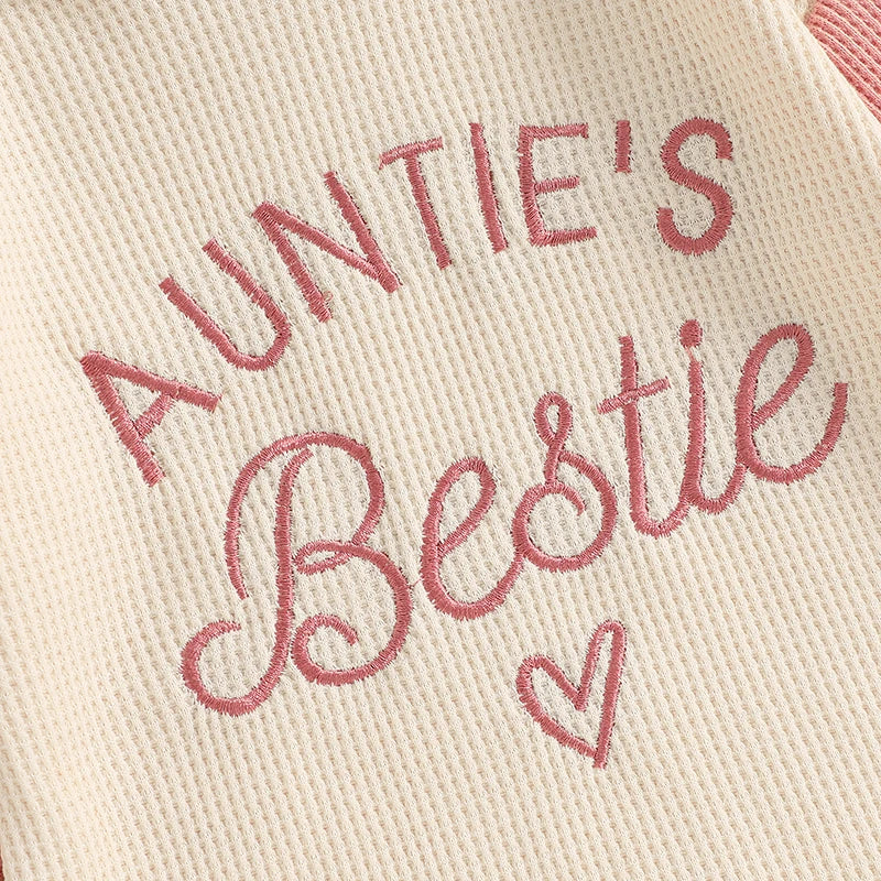 Baby Girls Auntie's Bestie Long Sleeve Embroidery Letters Heart Romper Waffle Bodysuit