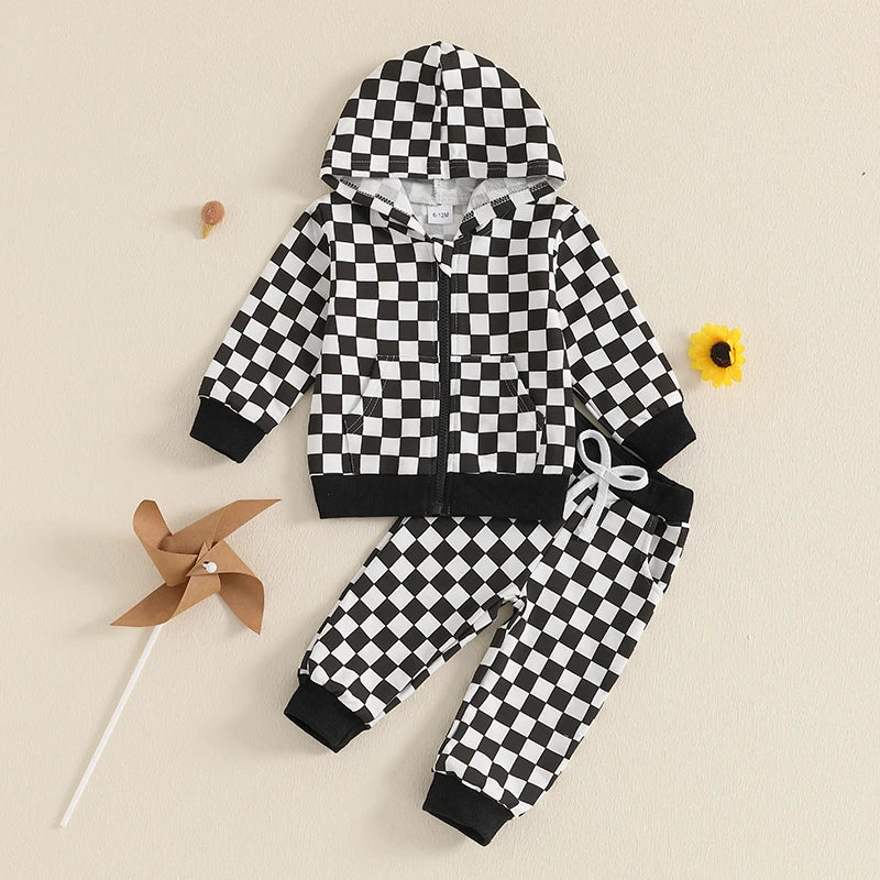 Baby Toddler Boy 2Pcs Checkered Outfit Long Sleeve Zip Up Hoodie Elastic Waist Pants with Pockets Jogger Set