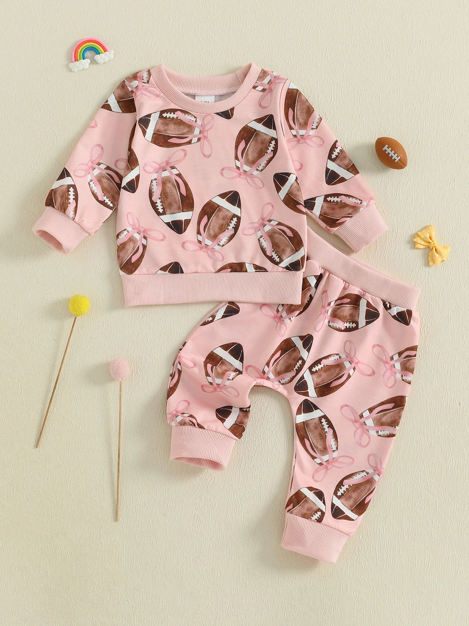 Baby Toddler Girls 2Pcs Fall Outfit Football Bow Print Crew Neck Long Sleeve Top with Pants Jogger Set