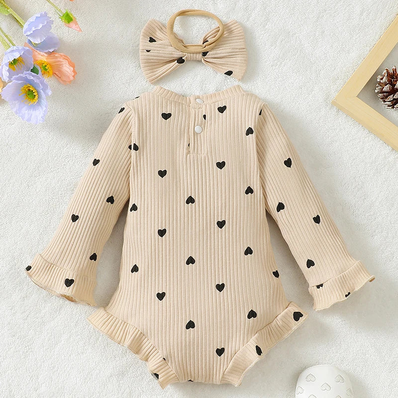 Baby Girl 2Pcs Fall Romper Ribbed Heart Print Long Sleeve Crew Neck Ruffled Jumpsuit with Bow Headband Set