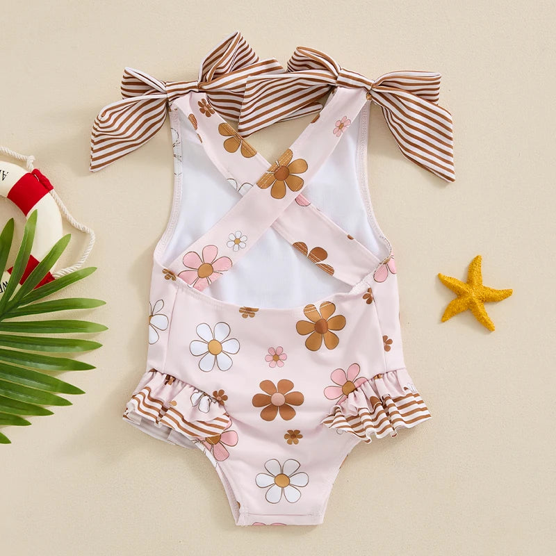 Toddler Kids Girl Summer Swimwear Sleeveless Floral/Turtle Print Ruffle Monokini Swimsuits Bathing Suit Romper