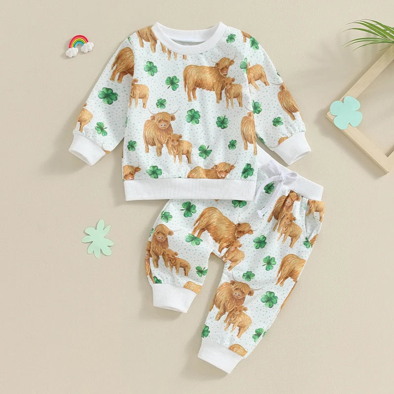 Toddler Baby Girl Boy 2Pcs St. Patrick's Day Outfits Long Sleeve Top Four Leaf Clover Shamrock Cow Print with Pants Set