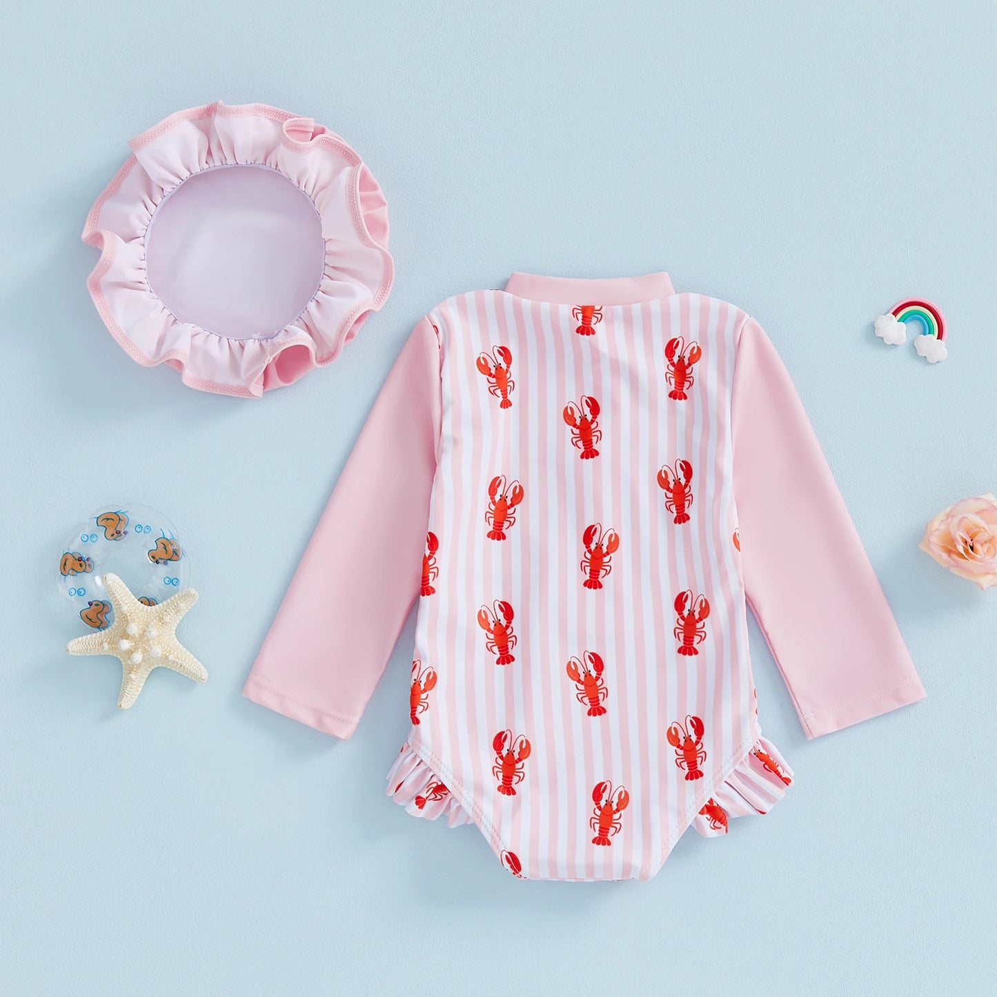 Baby Toddler Girls 2Pcs Rash Guard Swimsuit Long Sleeve Lobster Crab Print Ruffled Swimwear for Beach Set