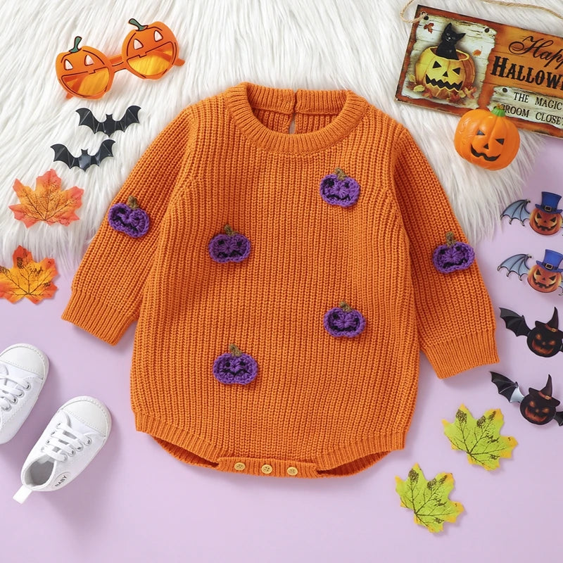 Baby Boys Girls Halloween Knit Romper Pumpkin Embroidery Round Neck Long Sleeve Sweater Jumpsuit