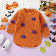 Load image into Gallery viewer, Baby Boys Girls Halloween Knit Romper Pumpkin Embroidery Round Neck Long Sleeve Sweater Jumpsuit
