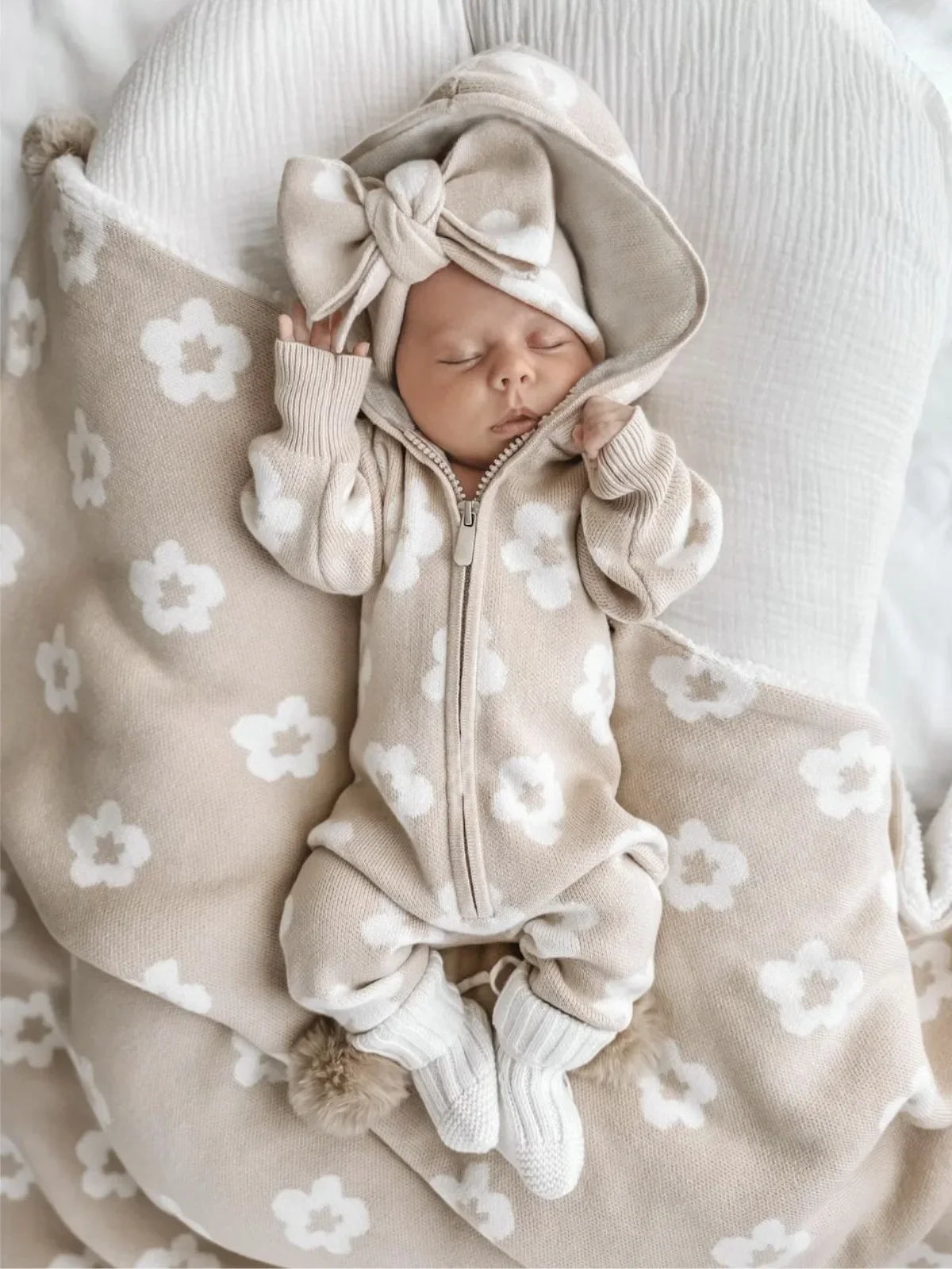 Floral Knitted Zip Up Hooded Jumpsuit Romper