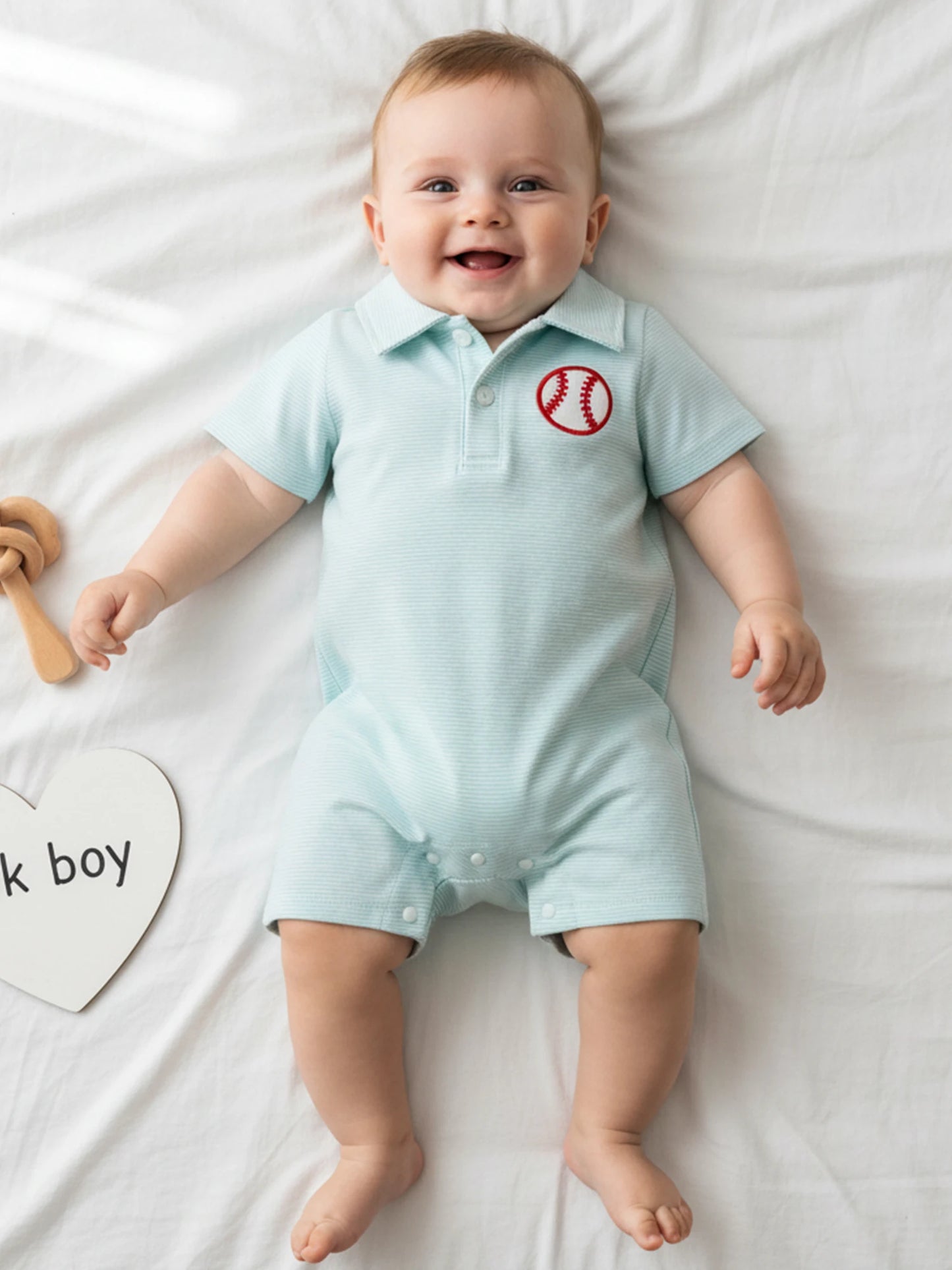 Baby Boy Romper Lapel Collar Short Sleeve Baseball Embroidery Upper Button Striped Jumpsuit