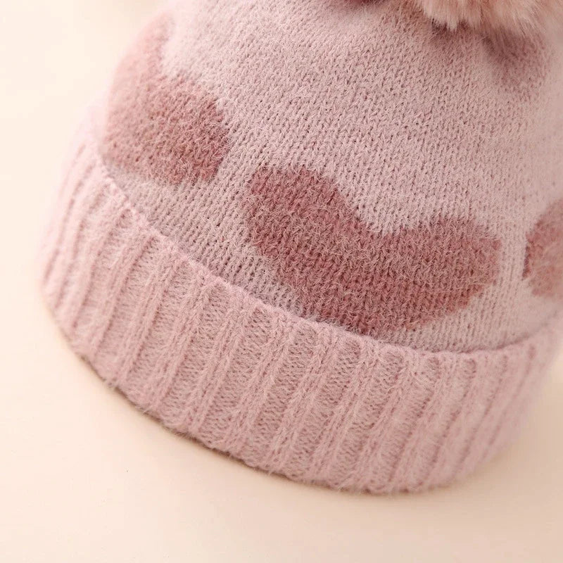 Baby Girl Winter Hat Cute Heart Pattern Plush Pom Pom Knit Beanie Warm